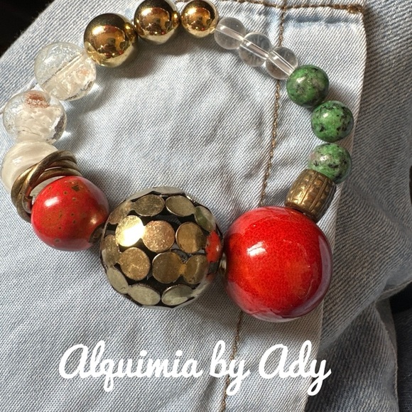 Big ultra chunky Jasper ruby zoisite beaded handmade colorful bracelet - Picture 1 of 3